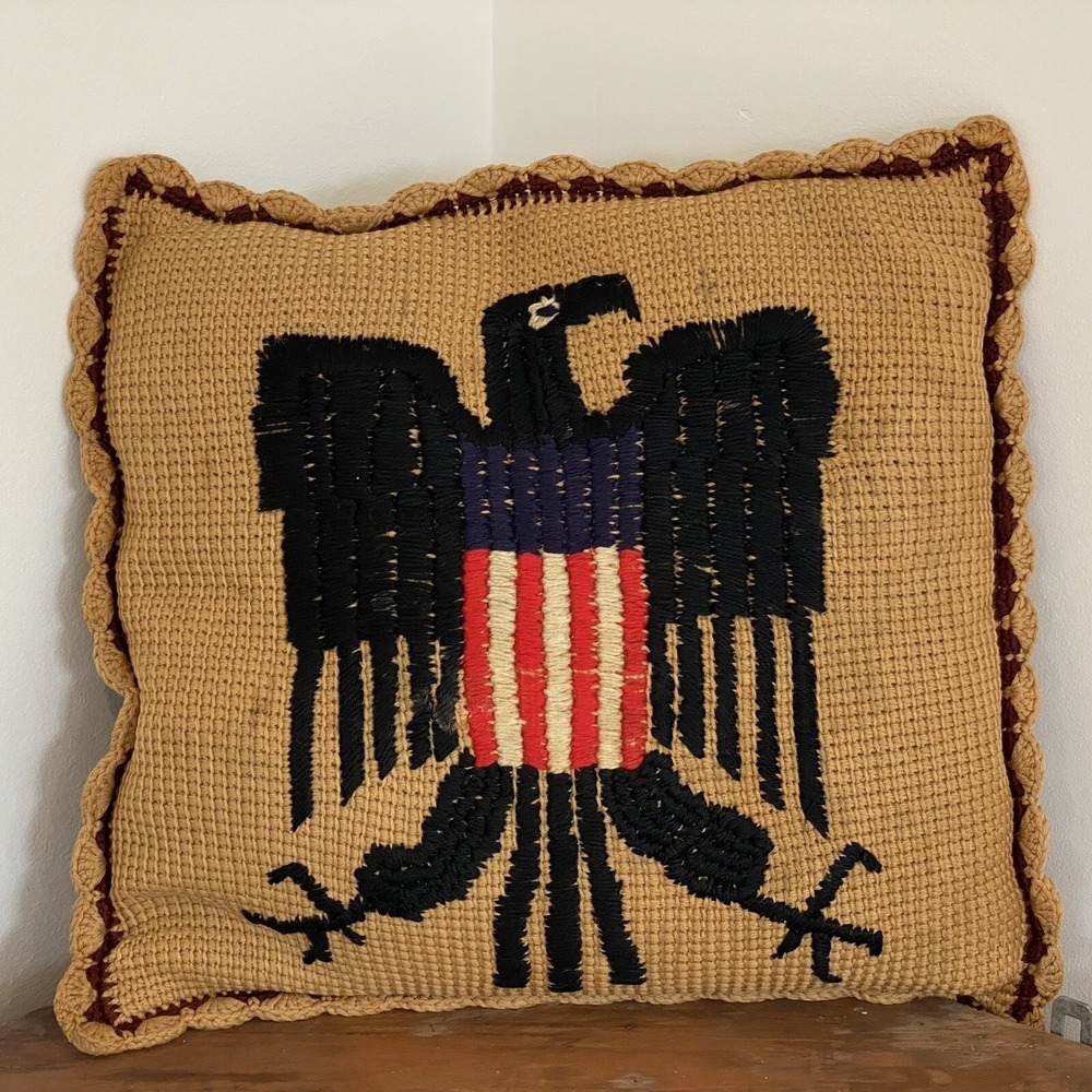 Embroidery Pillow Eagle / Rooster Double Sided  17" Primitive Folk Vintage